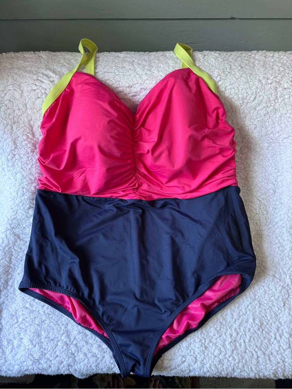 Lands End Women’s Plus Pink and Navy One-Piece Swimsuit with Lime Straps